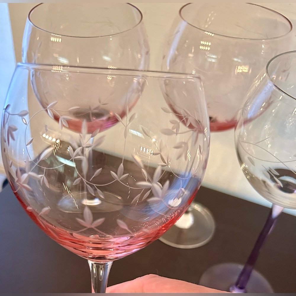4 Lenox etched wine glasses. 3 pink. 1 purple etched wine glass